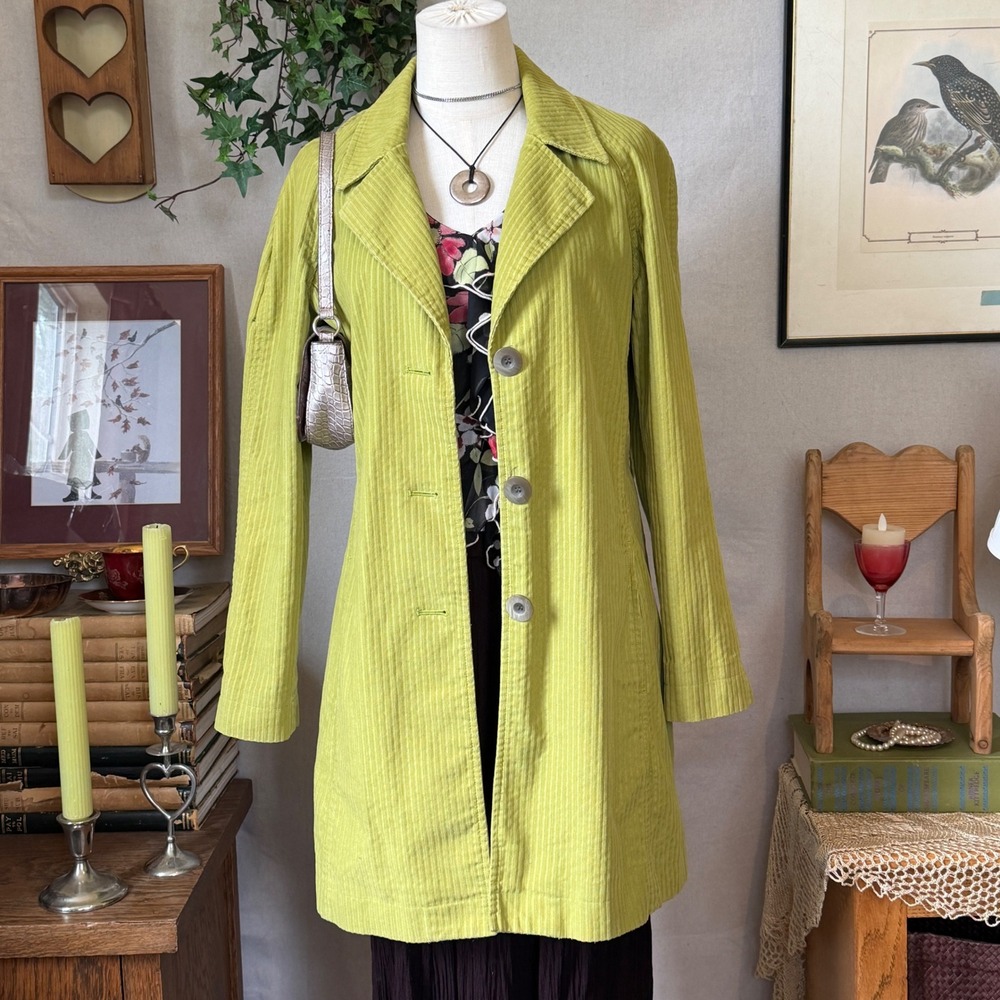 Green Corduroy Button Up Jacket Coat Trench Boho Whimsy Size S Indie Grunge